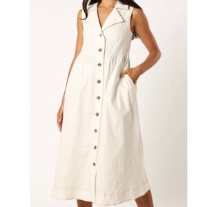 Petal & Pup Umeko Midi Dress Women S White Sleeveless Button Front Denim Collar